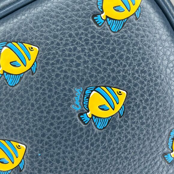 Coach New York Navy Blue Leather Cosmetic Bag, Yellow Fish Print, Dust Bag, NWT - Picture 10 of 13